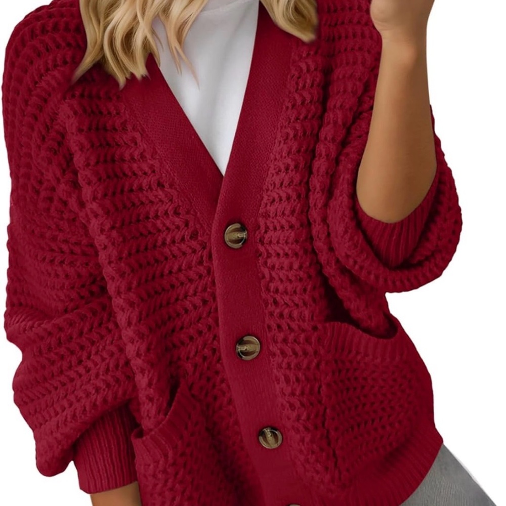 Women's Red Button-Up Chunky Cardigan Sweater